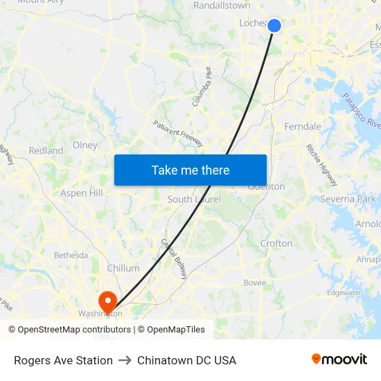 Rogers Ave Station to Chinatown DC USA map