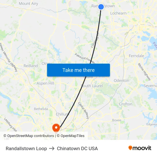 Randallstown Loop to Chinatown DC USA map