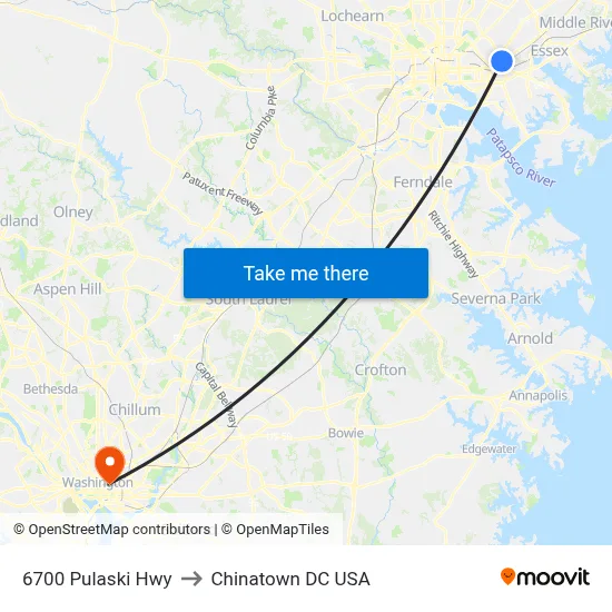 6700 Pulaski Hwy to Chinatown DC USA map