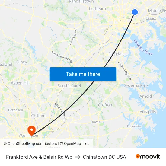 Frankford Ave & Belair Rd Wb to Chinatown DC USA map