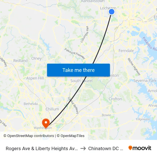 Rogers Ave & Liberty Heights Ave Sb to Chinatown DC USA map