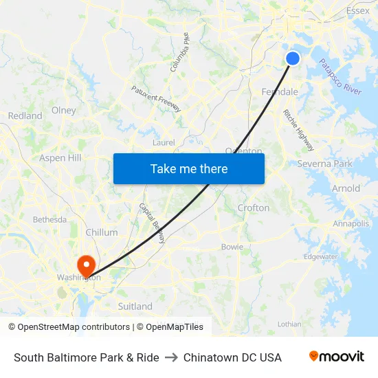 South Baltimore Park & Ride to Chinatown DC USA map