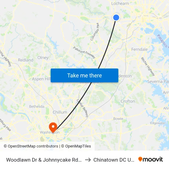 Woodlawn Dr & Johnnycake Rd Sb to Chinatown DC USA map