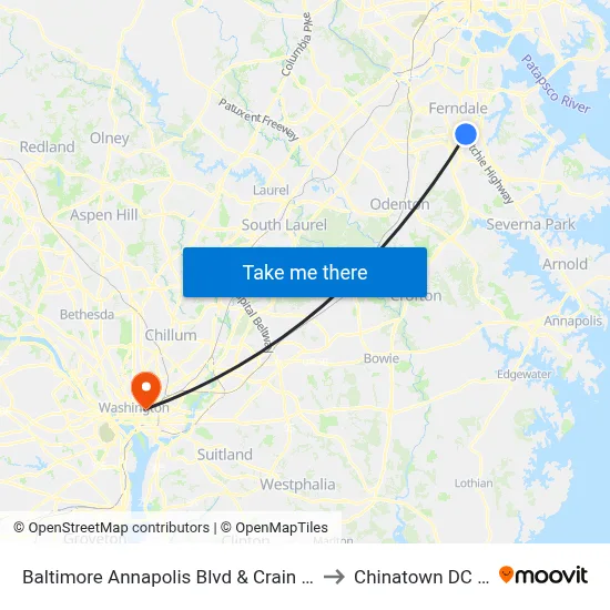 Baltimore Annapolis Blvd & Crain Hwy Eb to Chinatown DC USA map