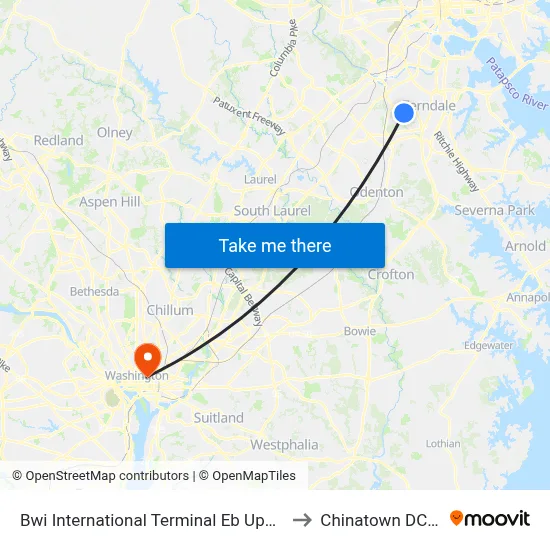 Bwi International Terminal Eb Upper Level to Chinatown DC USA map