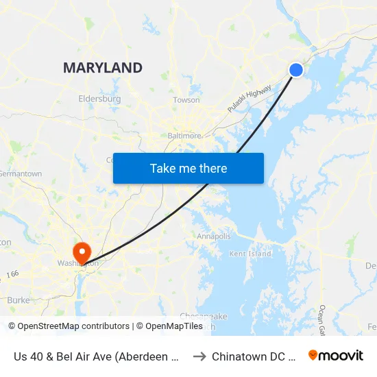 Us 40 & Bel Air Ave (Aberdeen Marc) to Chinatown DC USA map