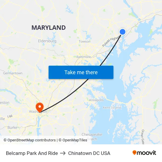 Belcamp Park And Ride to Chinatown DC USA map