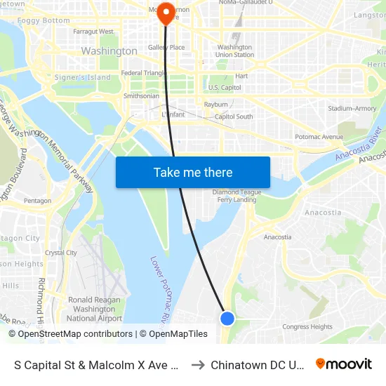 S Capital St & Malcolm X Ave Wb to Chinatown DC USA map
