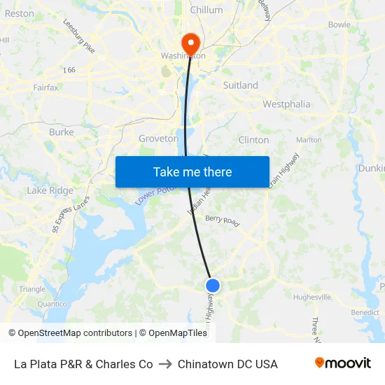 La Plata P&R & Charles Co to Chinatown DC USA map