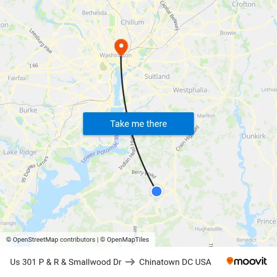 Us 301 P & R & Smallwood Dr to Chinatown DC USA map