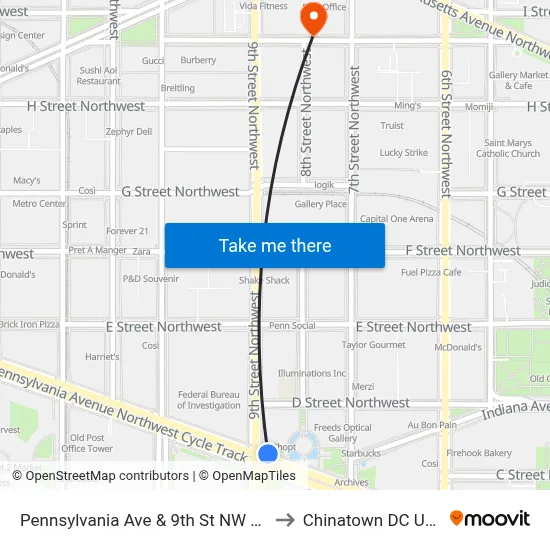 Pennsylvania Ave & 9th St NW Wb to Chinatown DC USA map