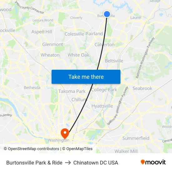 Burtonsville Park & Ride to Chinatown DC USA map
