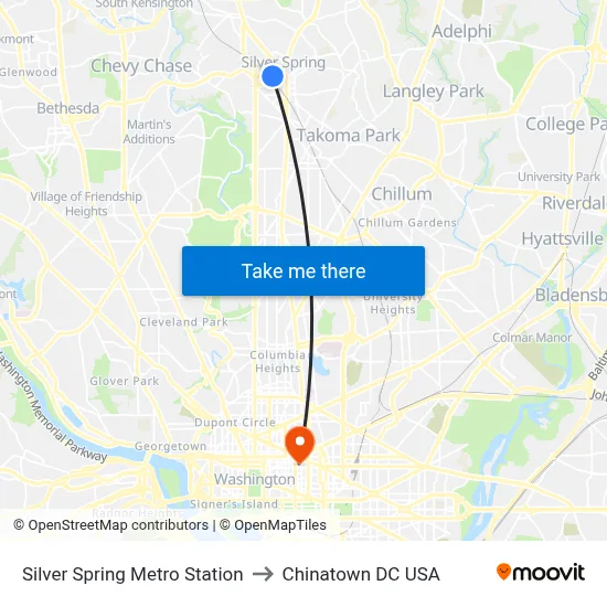 Silver Spring Metro Station to Chinatown DC USA map