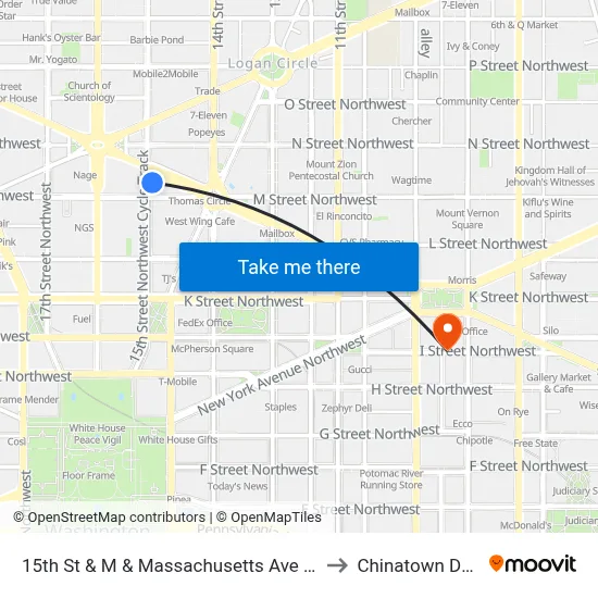 15th St & M & Massachusetts Ave NW Mid Nb to Chinatown DC USA map