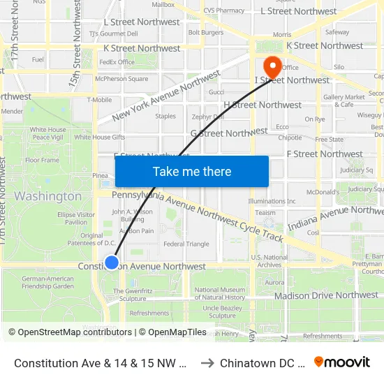Constitution Ave & 14 & 15 NW Mid Wb to Chinatown DC USA map