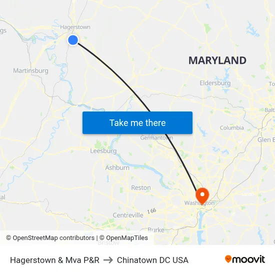 Hagerstown & Mva P&R to Chinatown DC USA map
