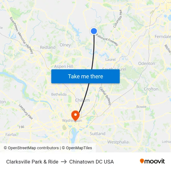 Clarksville Park & Ride to Chinatown DC USA map