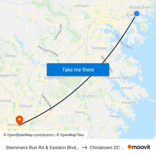 Stemmers Run Rd & Eastern Blvd FS Sb to Chinatown DC USA map