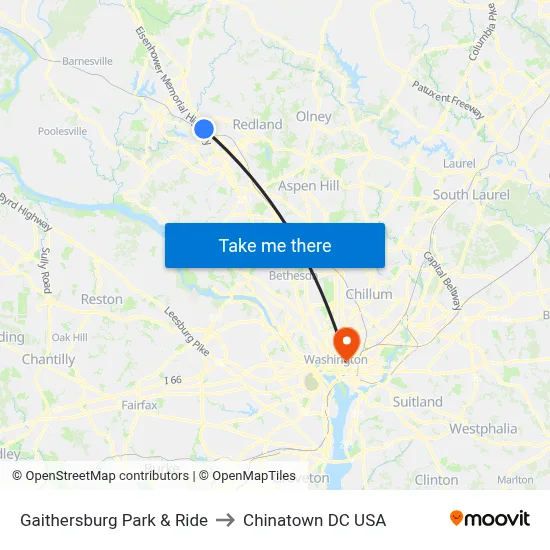 Gaithersburg Park & Ride to Chinatown DC USA map