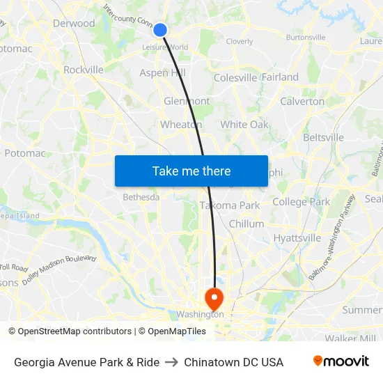 Georgia Avenue Park & Ride to Chinatown DC USA map