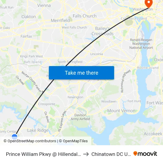 Prince William Pkwy @ Hillendale Dr to Chinatown DC USA map