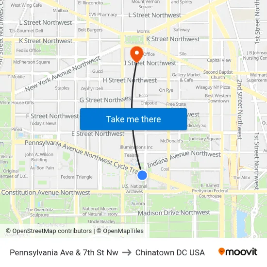 Pennsylvania Ave & 7th St Nw to Chinatown DC USA map