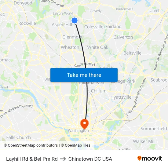 Layhill Rd & Bel Pre Rd to Chinatown DC USA map