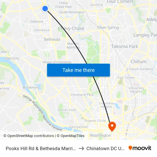 Pooks Hill Rd & Bethesda Marriott to Chinatown DC USA map