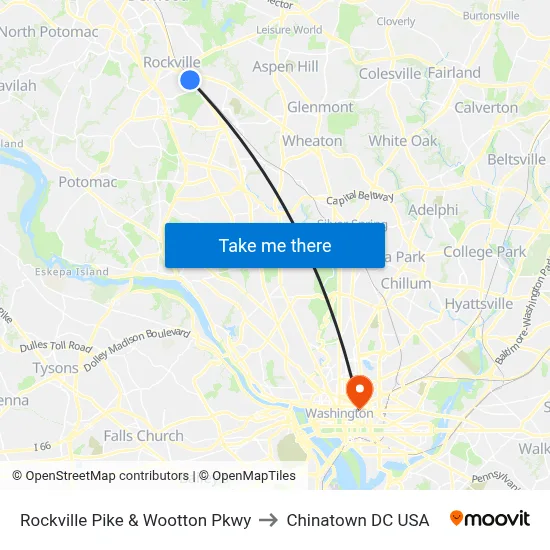 Rockville Pike & Wootton Pkwy to Chinatown DC USA map