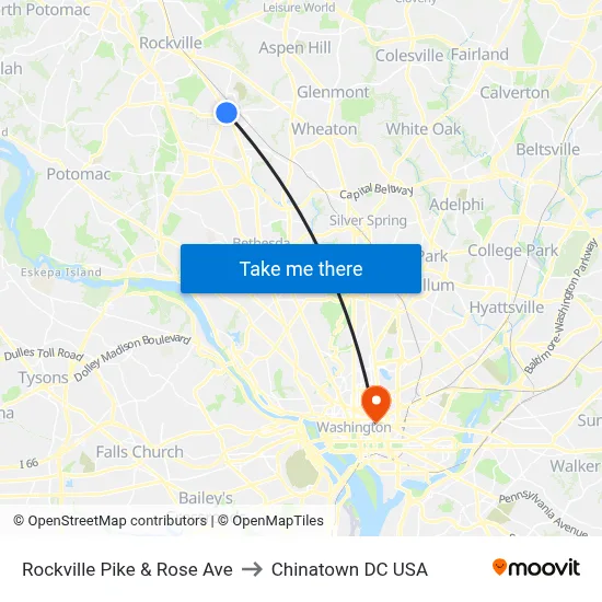 Rockville Pike & Rose Ave to Chinatown DC USA map