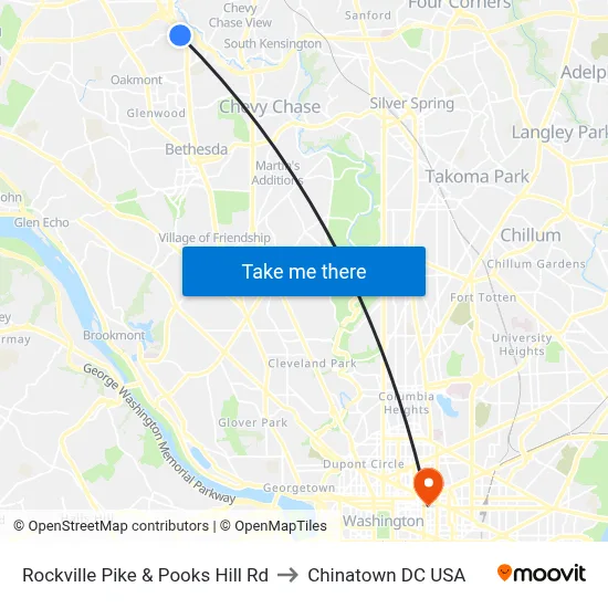 Rockville Pike & Pooks Hill Rd to Chinatown DC USA map