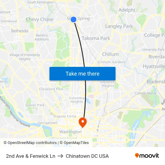 2nd Ave & Fenwick Ln to Chinatown DC USA map
