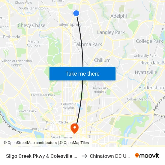 Sligo Creek Pkwy & Colesville Rd to Chinatown DC USA map