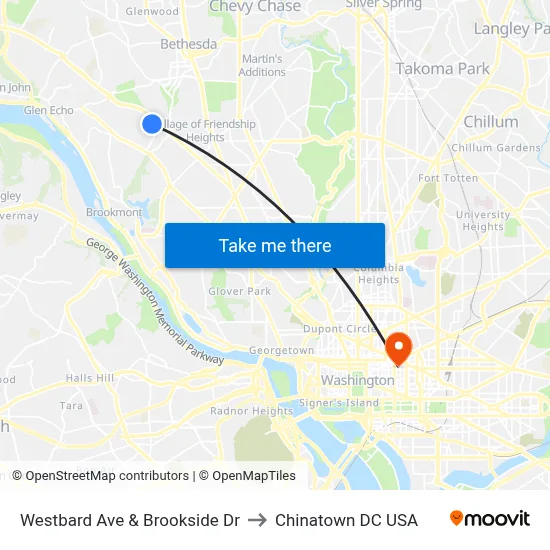 Westbard Ave & Brookside Dr to Chinatown DC USA map