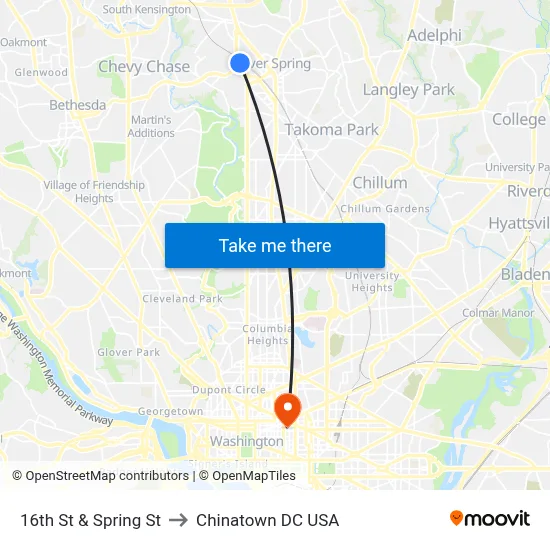 16th St & Spring St to Chinatown DC USA map