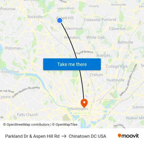 Parkland Dr & Aspen Hill Rd to Chinatown DC USA map