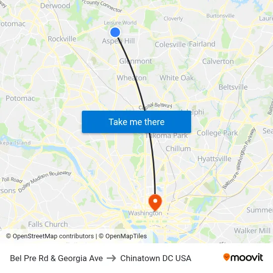 Bel Pre Rd & Georgia Ave to Chinatown DC USA map