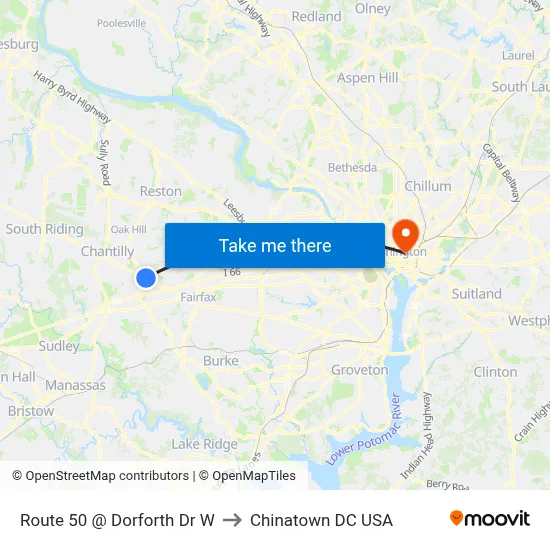 Route 50 @ Dorforth Dr W to Chinatown DC USA map