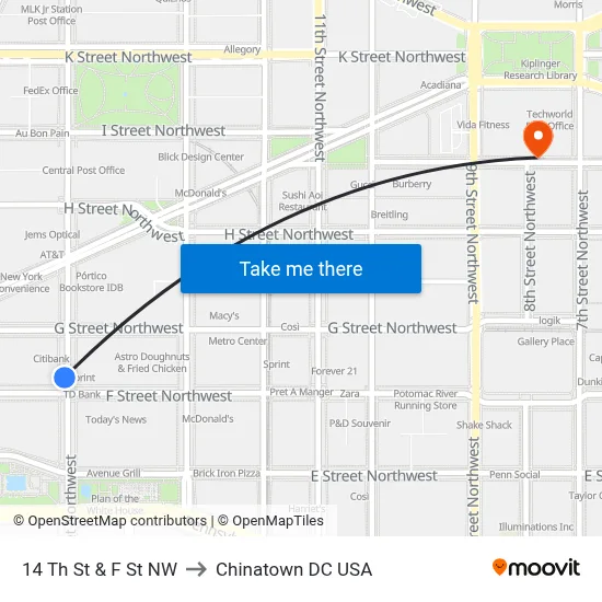 14 Th St & F St NW to Chinatown DC USA map