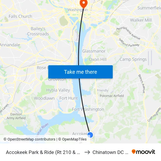Accokeek Park & Ride (Rt 210 & Rt 373) to Chinatown DC USA map