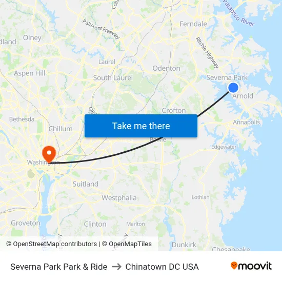 Severna Park Park & Ride to Chinatown DC USA map
