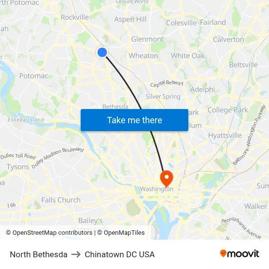 North Bethesda to Chinatown DC USA map