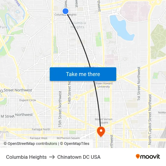 Columbia Heights to Chinatown DC USA map