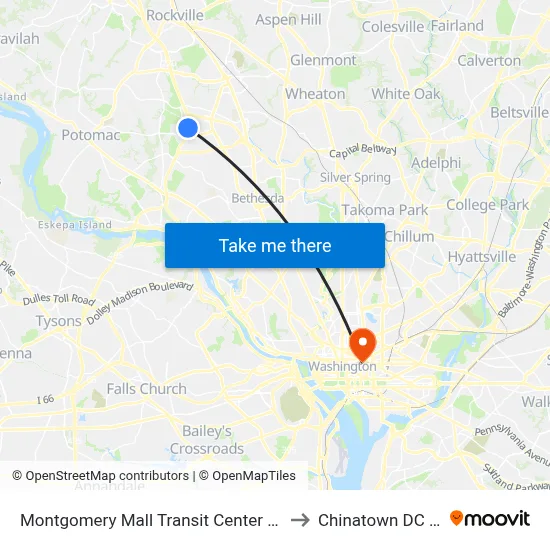 Montgomery Mall Transit Center & Bay E to Chinatown DC USA map