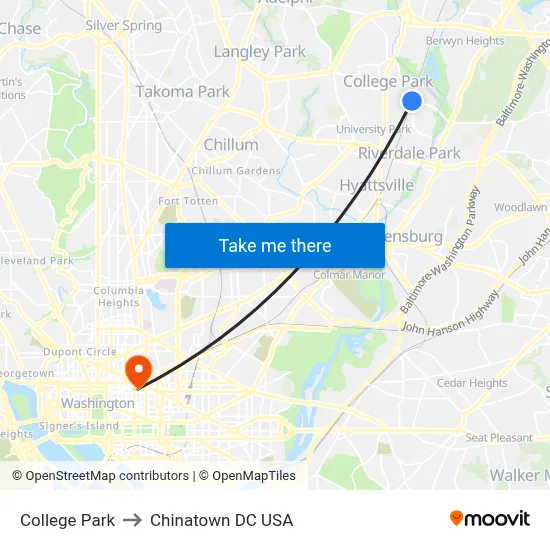 College Park to Chinatown DC USA map