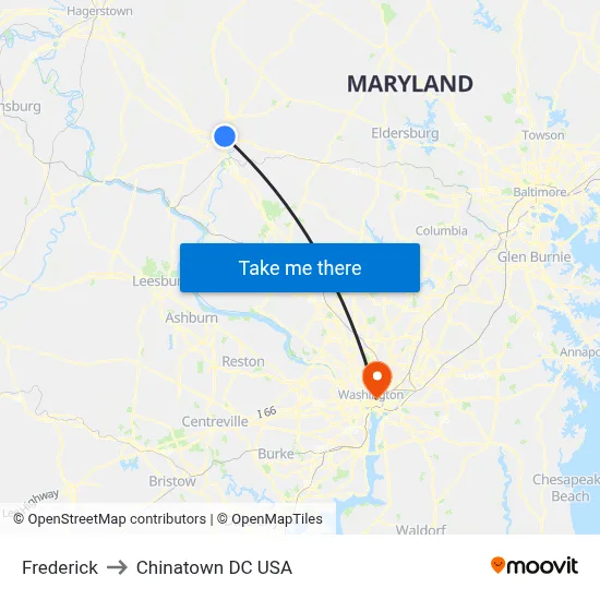 Frederick to Chinatown DC USA map