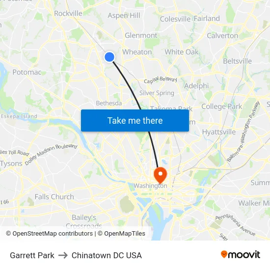 Garrett Park to Chinatown DC USA map