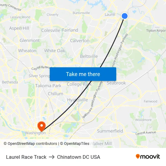 Laurel Race Track to Chinatown DC USA map