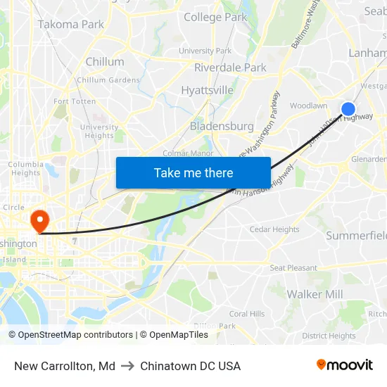 New Carrollton, Md to Chinatown DC USA map