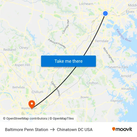 Baltimore Penn Station to Chinatown DC USA map